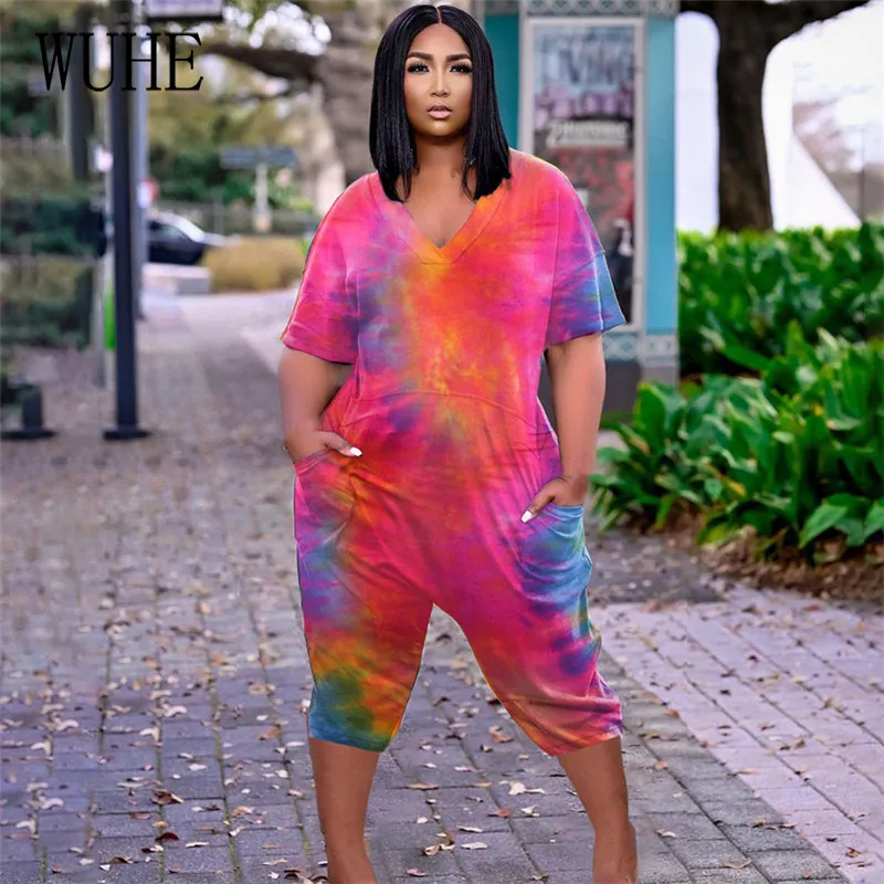 

WUHE Tie Dye Print Playsuits Pockets V Neck Short Sleeve Loose Elegant Women Summer Casual Nightclub Party Streetwear Overalls