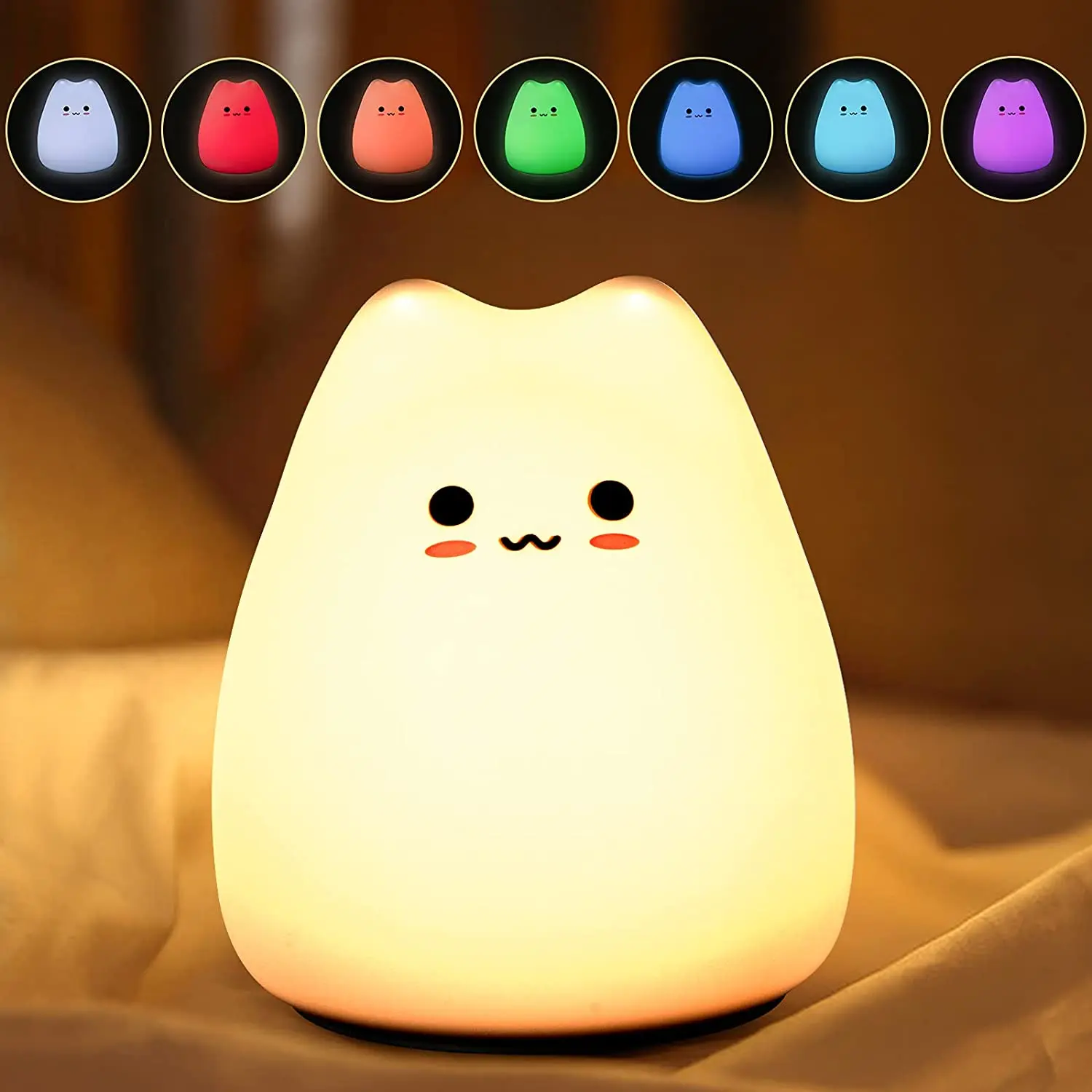 

Battery Powered Silicone Cute Cat LED Night Light Lamp with Warm White and 7-Color Breathing Modes for Kids Baby Children Gifts