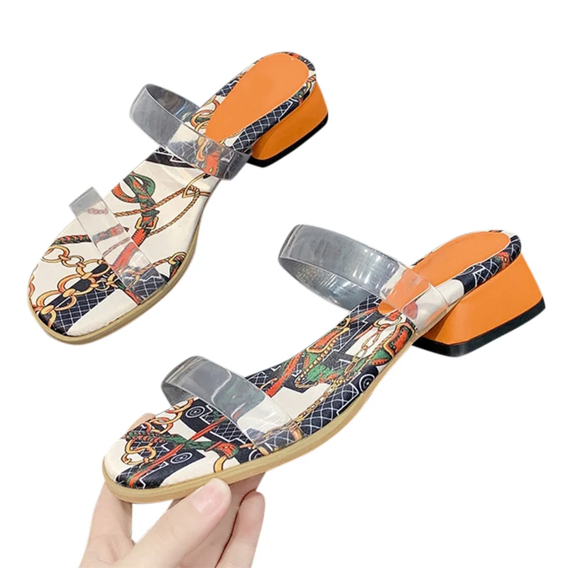 

2021 New Summer Women Slippers Mid Heels Transparent PVC Designer Slides Ladies Open Toe Sandals Fashion Female Casual Footwear