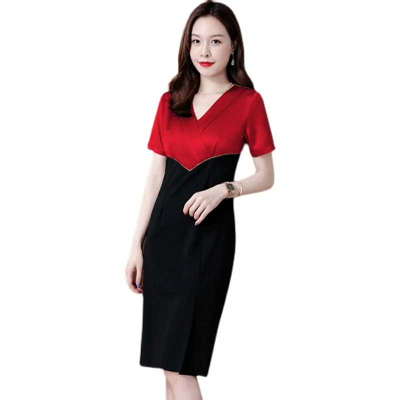 

Summer Dress Women 2021 New Office Lady French Style Vintage Print Short Sleeve Chiffon Suspenders V-Neck Champagne Red Dresses