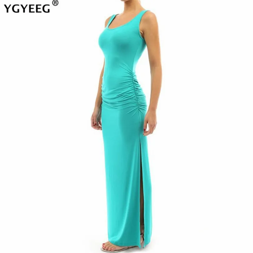 

YGYEEG White Dress Sexy Sleeveless Slim Basic Tanks Vest Ladies Strap Solid Party Summer Pleated High-Slit Round Neck Clothes