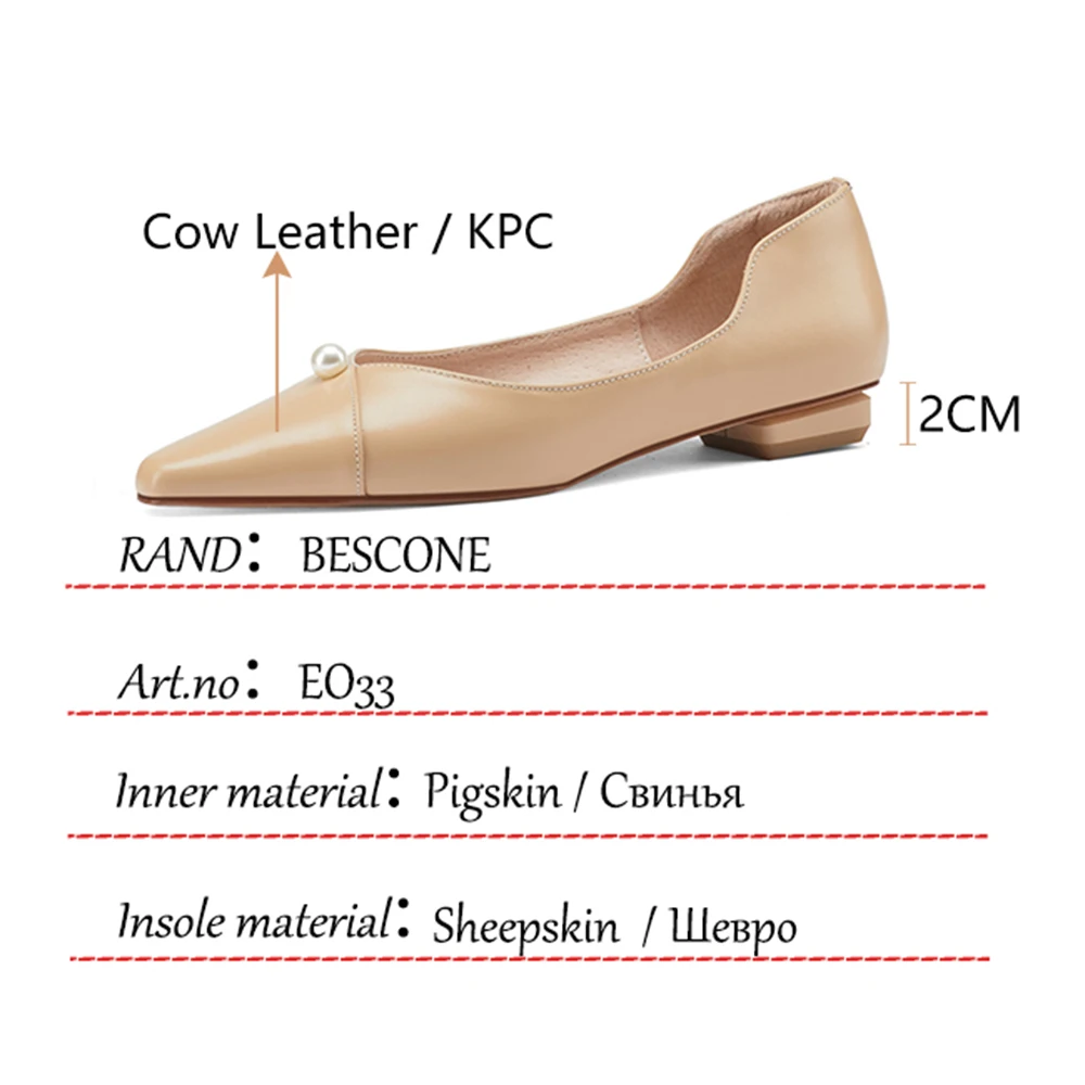 

BESCONE Women Flats Fashion Pearl Shallow All-Match Premium Leather Female Shoes Square Toe Slip-On Black Casual Lady Shoes EO33