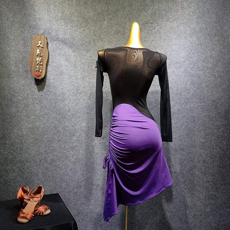 Фиолетовые платья с длинными рукавами для латинских танцев на продажу костюмы