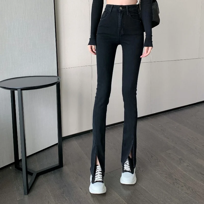 

Korean Style High Waist Slimming Slit Black Jeans for Women 2021 Spring and Summer New Casual All-Matching Slightly Flared Mop