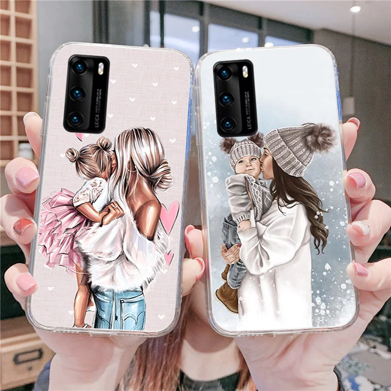 soft tpu phone case for huawei p50 p40 lite p30 pro p20 y7a y8s y5 y6 y7 2019 p smart z black brown hair baby mom girl son cover free global shipping