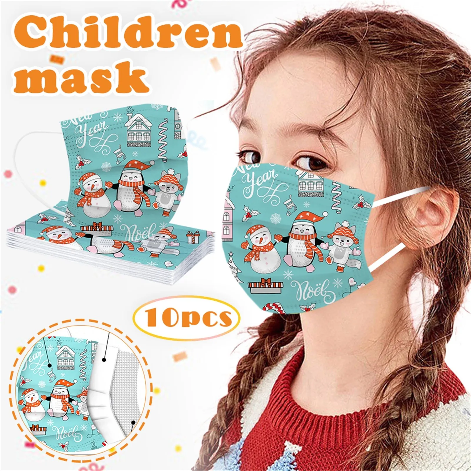 

10pc Xmas Christmas Face Mask For Child Kids Disposable Printed Mask Baby Children 3ply Pm2.5 Masque Decoration Mascaras
