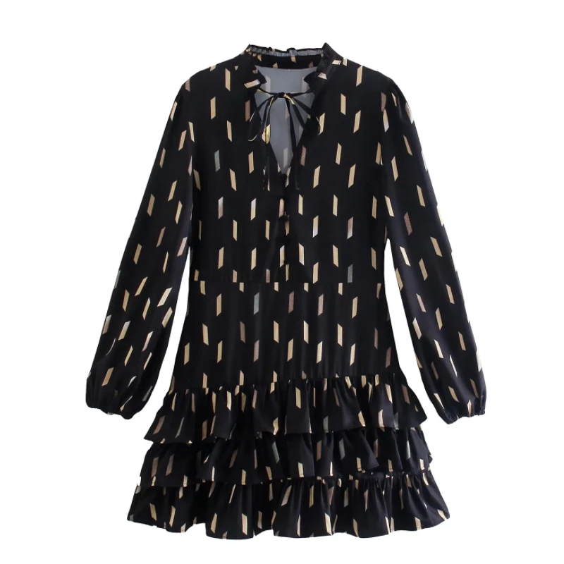 

Women Geometric Printing Cascading Ruffle Hem Mini Dress Female V Neck Long Sleeve Clothes Casual Lady Loose Vestido D9071