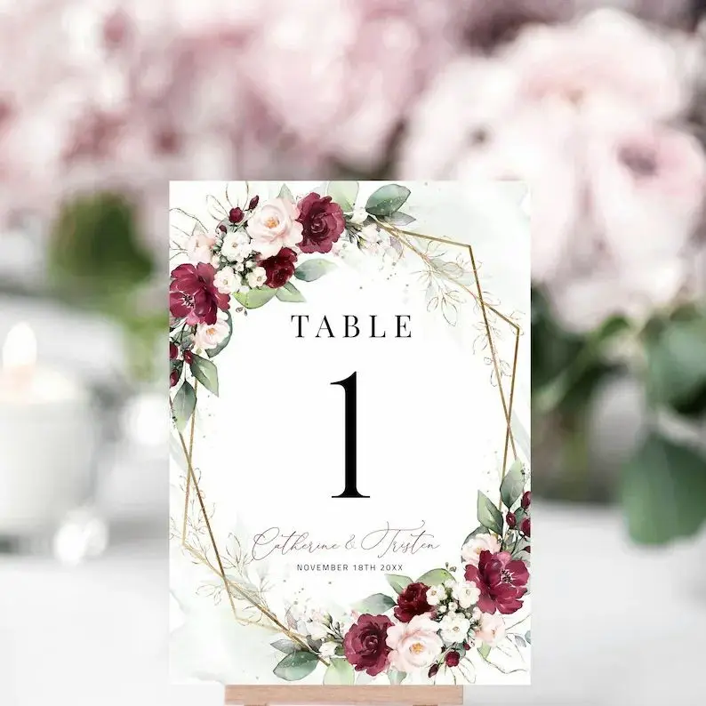 Blooming Plant Series - Burgundy Table Number Acrylic Printable Table Numbers Burgundy Bridal Shower Table Decor Banquet Number