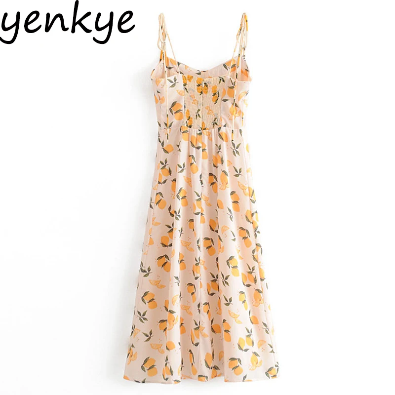 Женское шифоновое платье миди на бретелях спагетти с принтом лимона|Женские