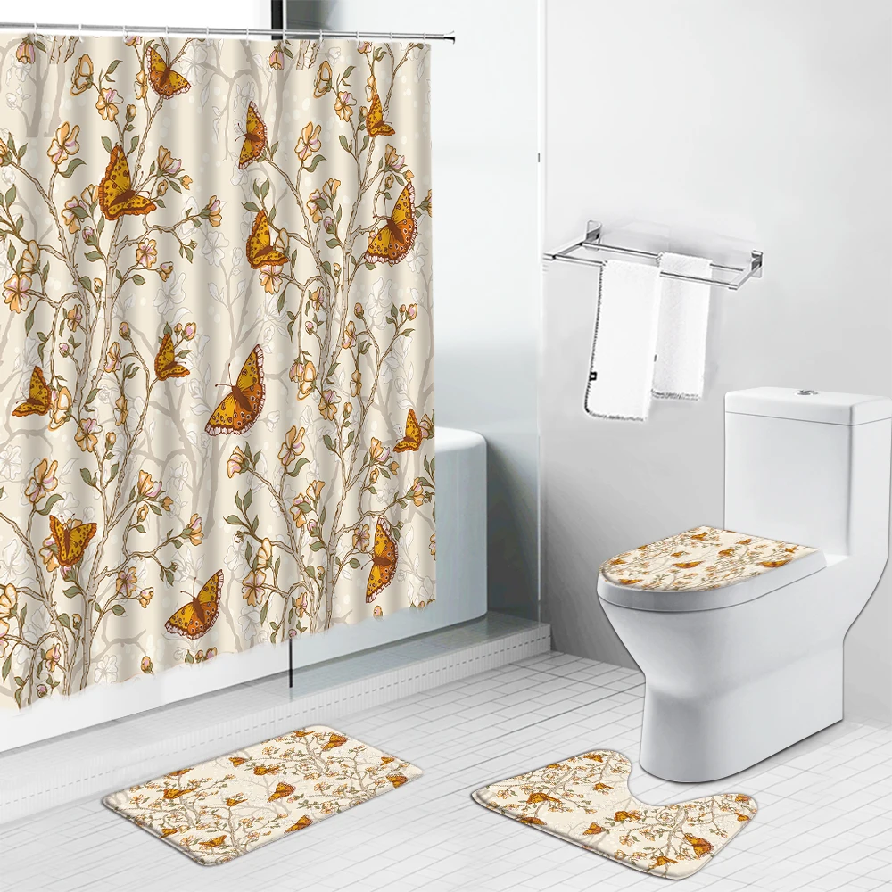 

Chinese Style Landscape Shower Curtains Set Plant Flower Bird Modern Ink Painting Scenery Bathroom Decor Toilet Cover Mat Carpet