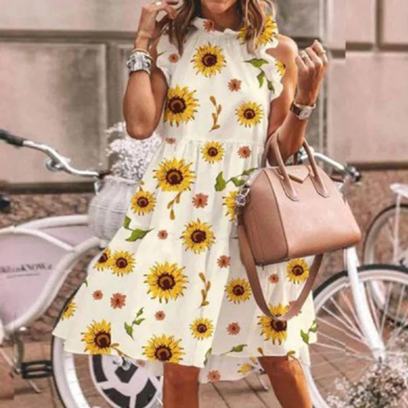 

Vintage Women Sleeveless Ruffles Dress Summer O Neck Floral Printed Mini Dresses Ladies Loose Beach Dresses Vestidos