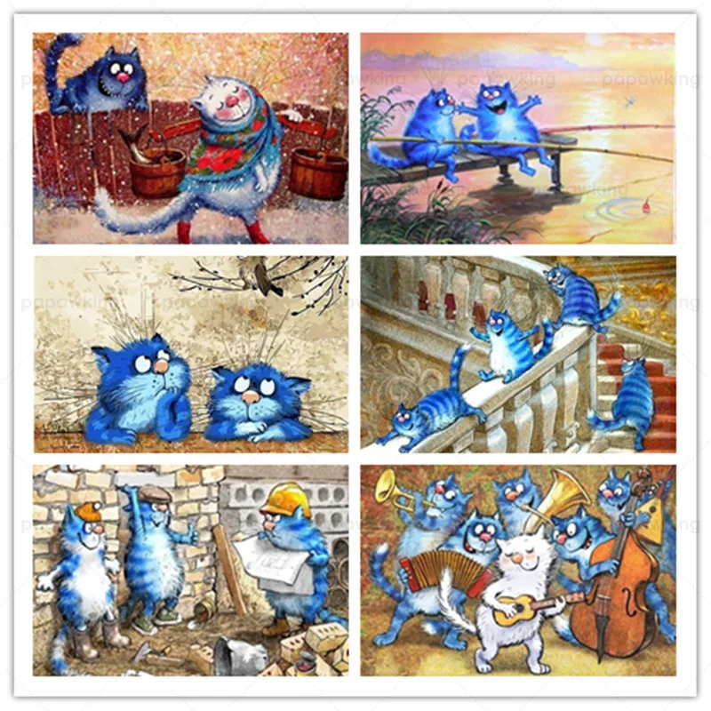 

5D Diy Diamond Painting Funny Blue Cats Humorous Full Drill Embroidery Cross Stitch Animals Mosaic Pictures Home The Wall Decor