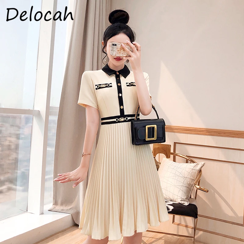 

Delocah/Новинка 2021 года; Летнее женское модное дизайнерское платье миди с коротким рукавом и накладным карманом; Элегантное однотонное Плиссир...