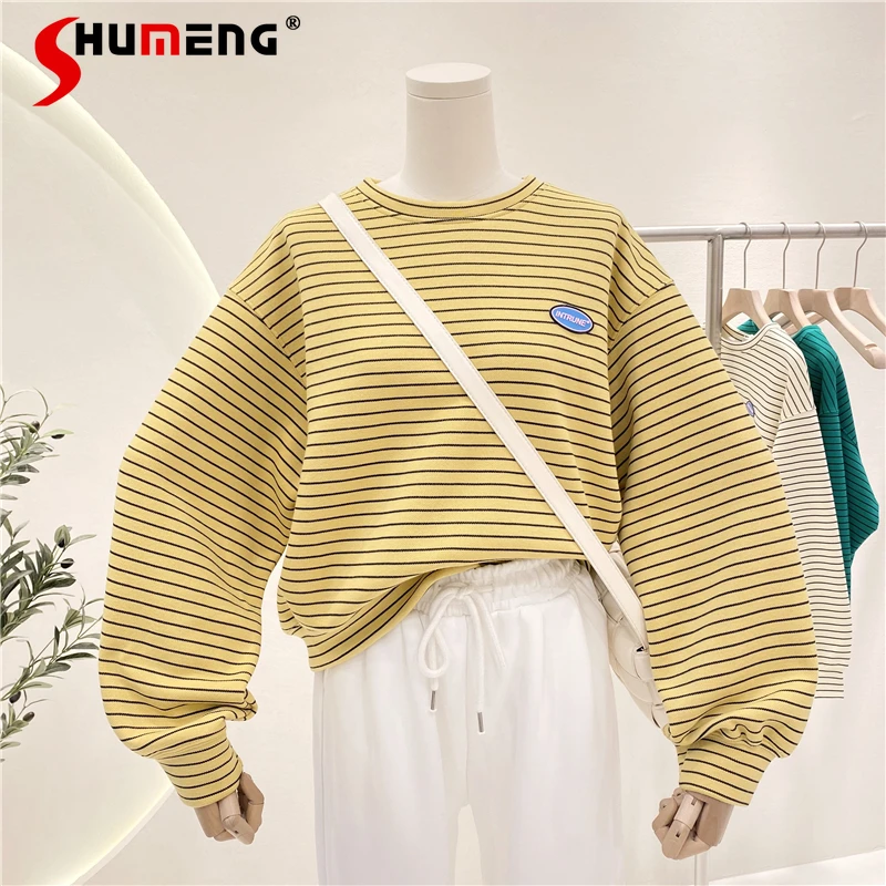 

2021 New Fall Female Striped Loose Korean Style Casual Sweatshirt Women's Fashion O-neck Long Sleeve Top Simple Pullover Hoodie