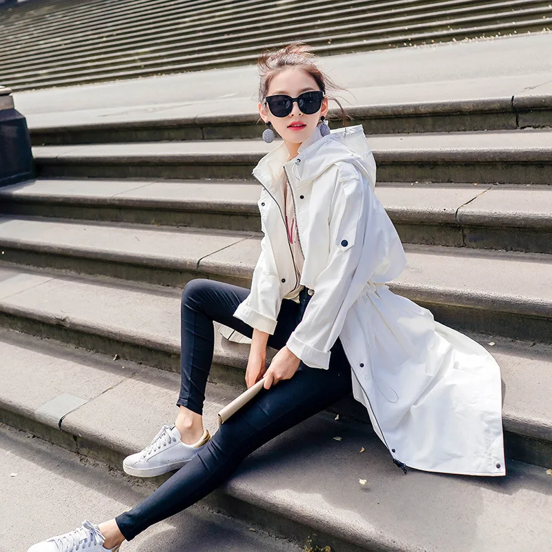 Женский тренчкот с капюшоном удобная ветровка длинная простая свободная офисная