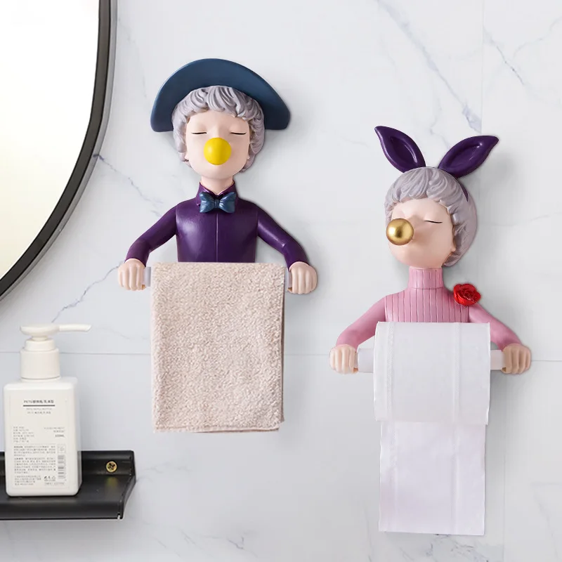 

Nordic Creative Resin Girl Roll Paper Towel Rack Home Living Room Bathroom Free Punch Wall-mounted Tissue Box Towel Storage Rack