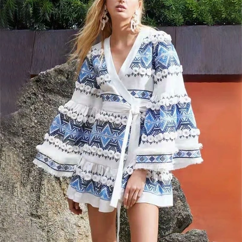 

VGH Embriodery Vintage Dress Women V Neck Tassel Flare Sleeve Hit Color Lace up Dresses Female Fashion Clothes 2020 Autumn New