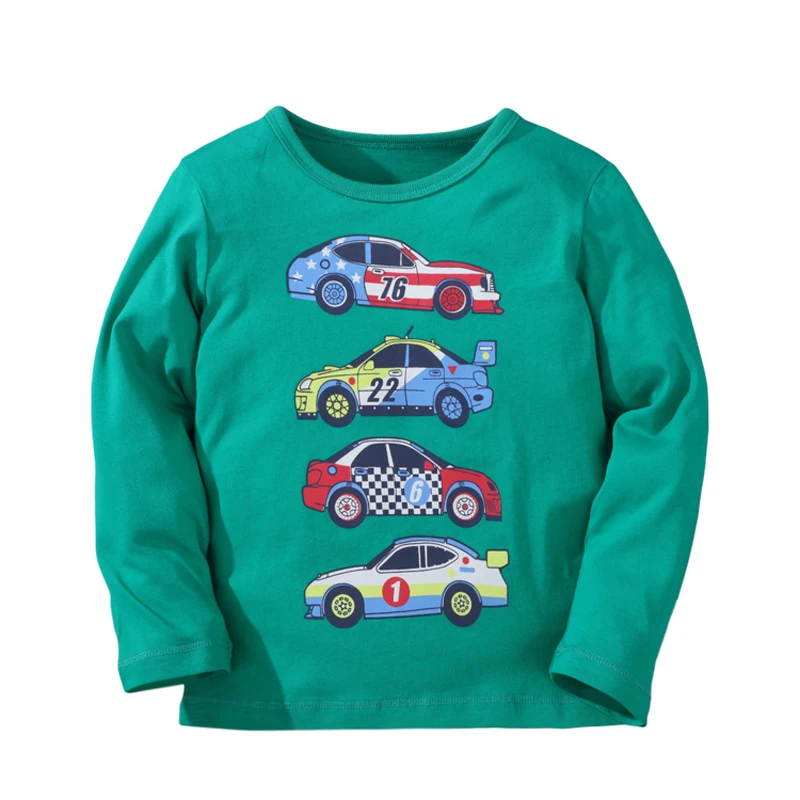 

Jumping Meters Boys T-shirt Autumn Cartoon Racing Cars Pattern Casual Crew Neck for Long Sleeve Top Baby Green Clothes 2-7years