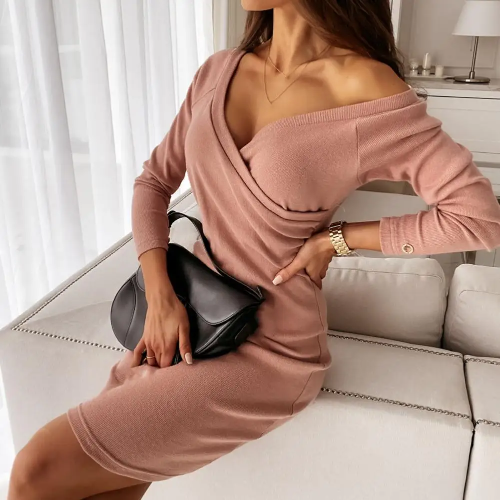 

Deep V-Neck Knitted Women's Pencil Mini Dress Bodycon Slim Elastic Sexy Long Sleeve Ladies Vestidos Streetwear Fashion Spring
