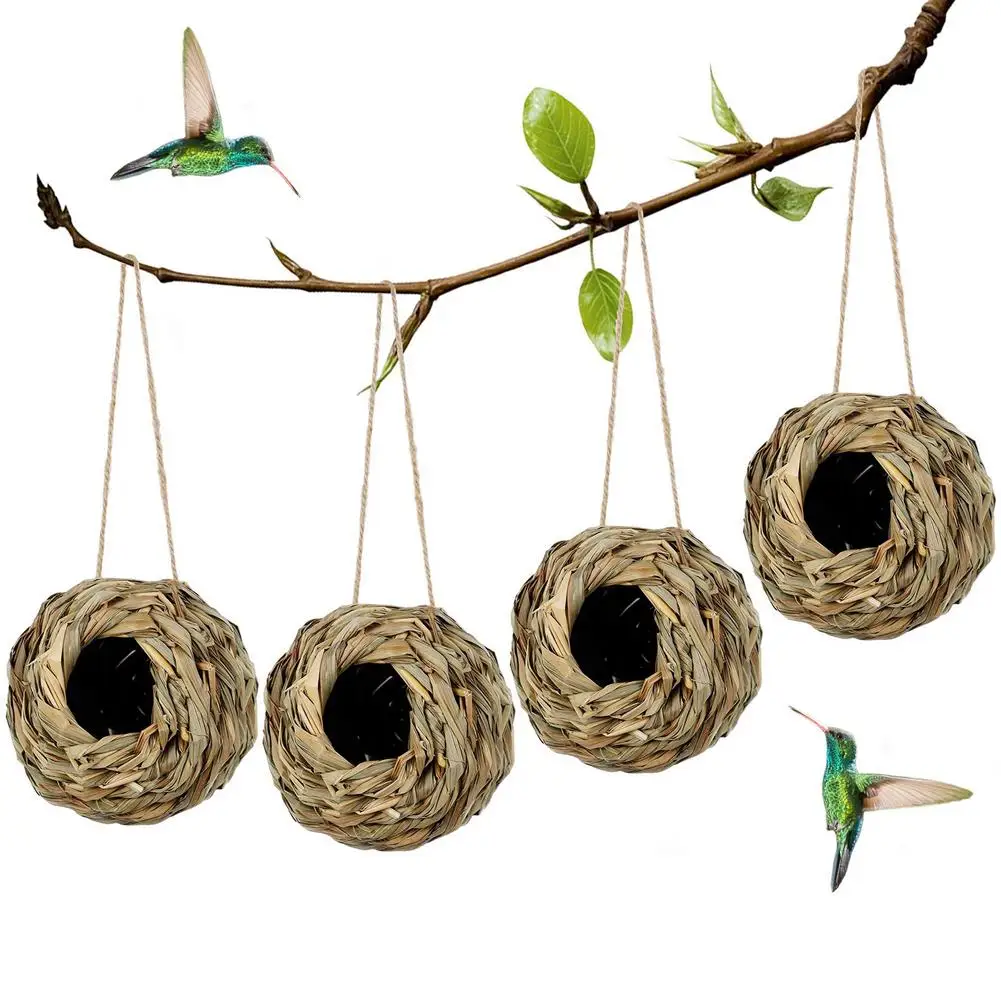 

Natural Reed Grass Bird Nest Spherical Hummingbird Birdhouse For Outside Hanging Grass Hand Woven Bird Hut For Yard Decoration