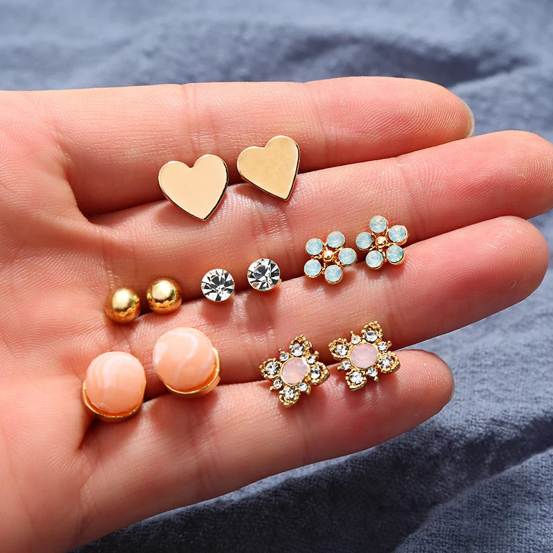 New Cute Gold Color Arrow Heart Shape Stud Earrings Set For Women Crystal Metal Alloy Earring Jewelry Bijioux | Украшения и