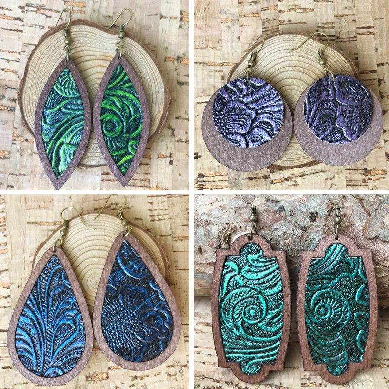 Винтажные тисненая кожа серьги для женщин Дерево длинные в форме слезы богемные