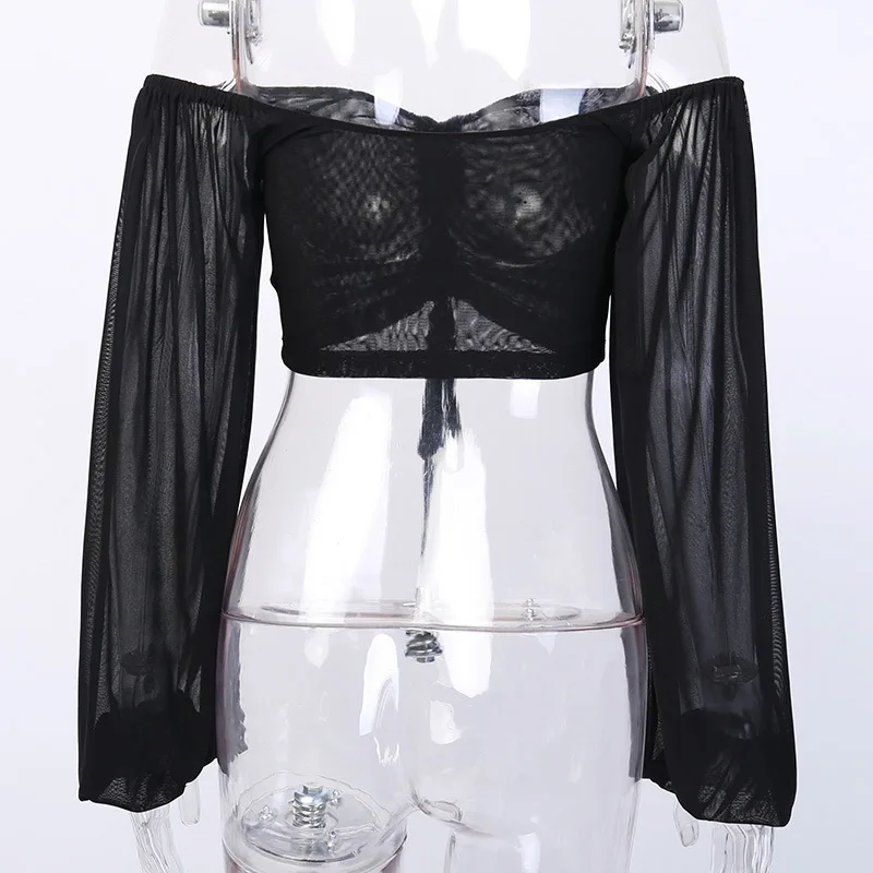 

Women Drawstring Ruched Sexy Blouse Puff Sleeve Off Shoulder Sheer Short Blouses Shirts