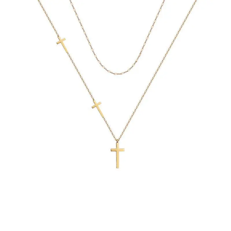 

European and American Style Cross Pendant Necklace Women's Design Clavicle Chain Red Double Layer Necklace All-Match Jewelry