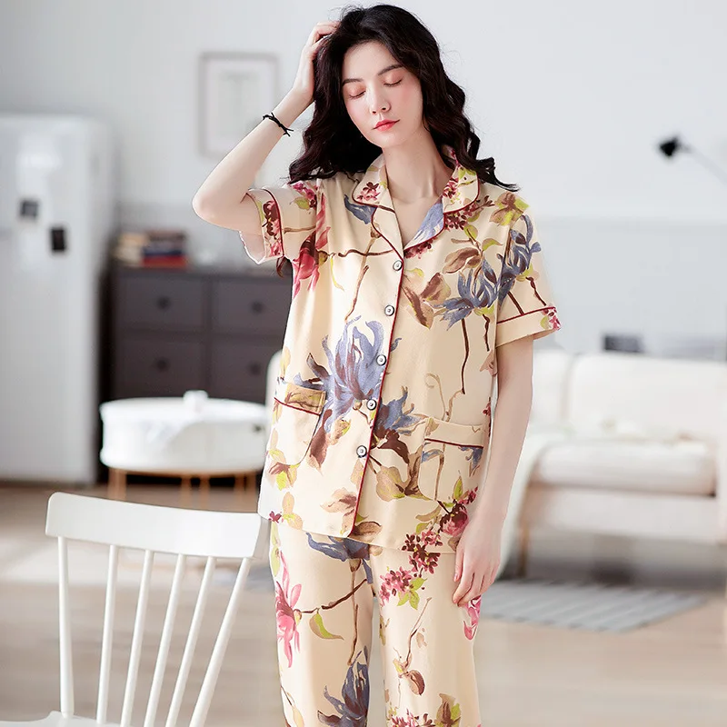 Женская Хлопковая пижама летний кардиган с короткими рукавами и длинные брюки