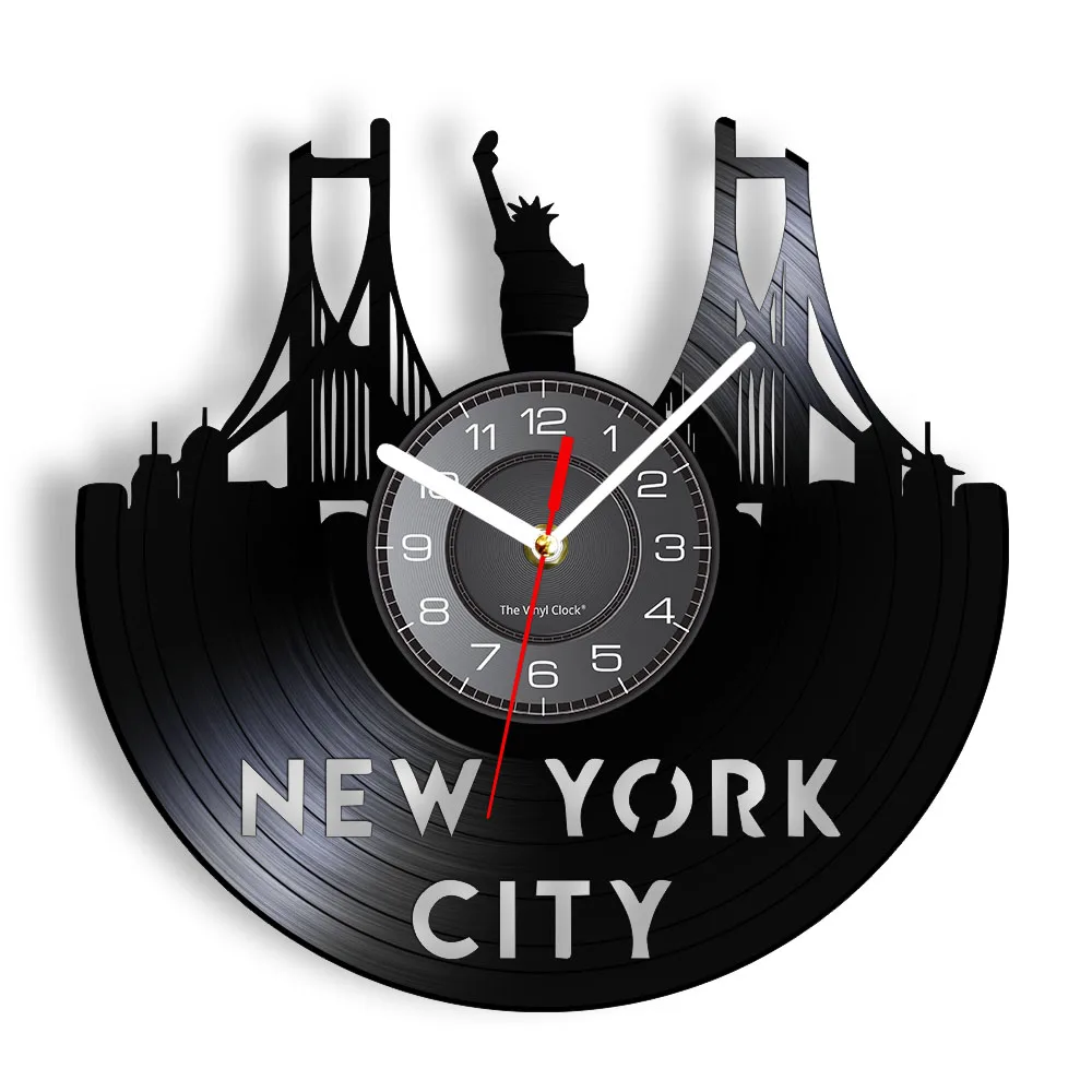 New York Cityscape Modern Wall Clock Made of Gramophone Record Statue of Liberty Landmarks Wall Watch Artwork Traveller Gifts