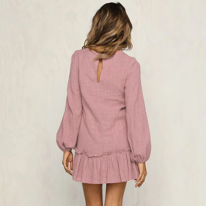 Повседневное короткое платье Однотонный сарафан с длинными рукавами и оборками