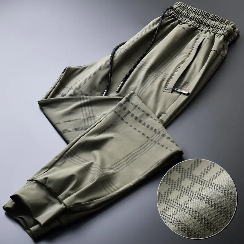 

Plaid casual pants men's summer ice silk thin fast dry sports Harun pants air conditioning pants elastic summer pants young men