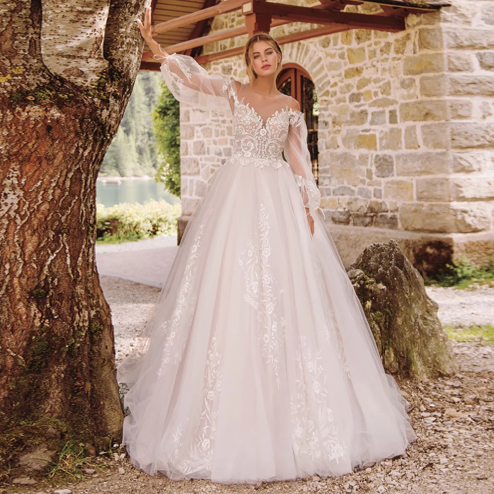 

Женское свадебное платье с длинными рукавами, элегантное бальное платье из тюля с аппликациями, на пуговицах, с эффектом иллюзии