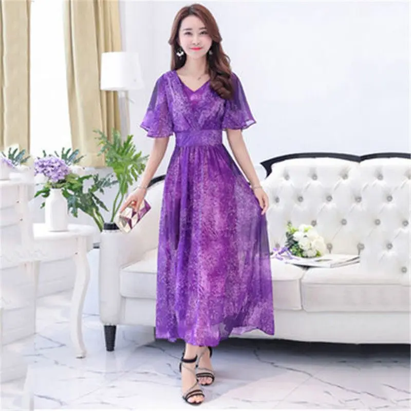 

Summer newSpring Women V-Neck Vintage Dresses Fashion Female A-Line Dress Elegant Beach Party Silk Dresses