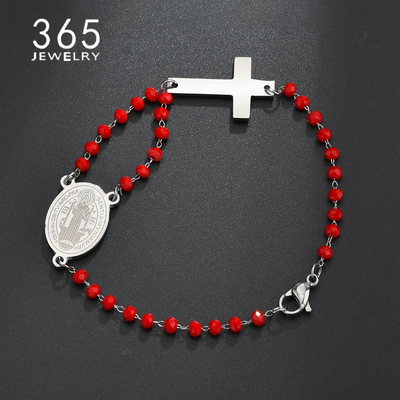 Женский эластичный браслет с подвеской красные бусины стразы крест нержавеющая
