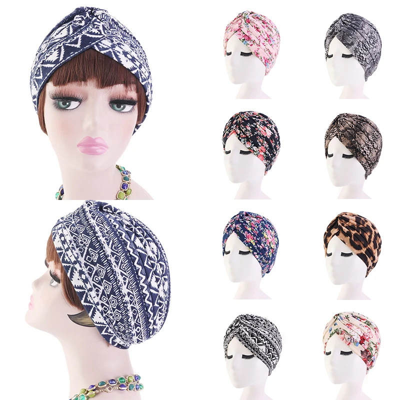 

Female Muslim Indian Hats Print Knot Twist Turban Headbands Forehead Cross Inner Cap for Hijab Bonnet Headwrap Casual Streetwear