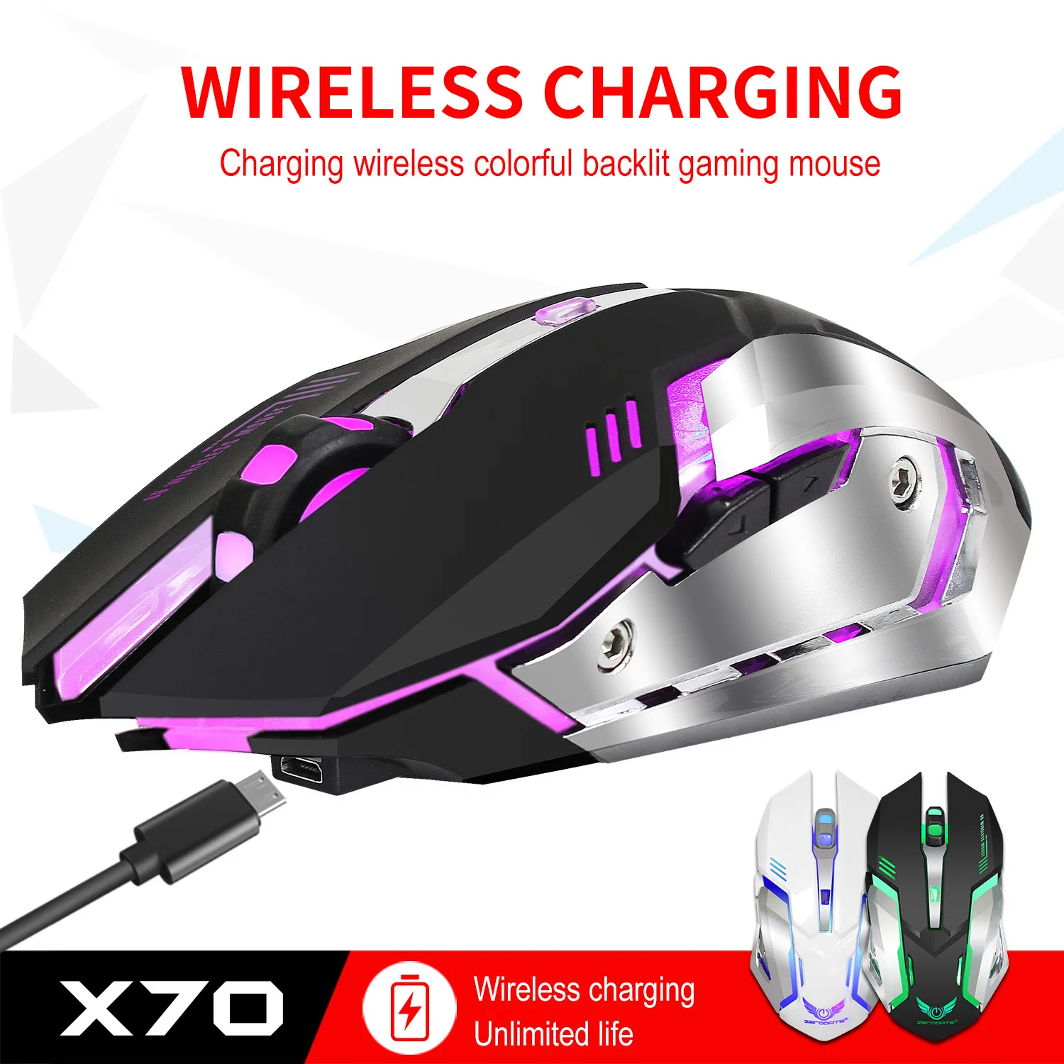 X70 красочная блестящая игровая мышь 2 4G заряжаемая беспроводная встроенный 600
