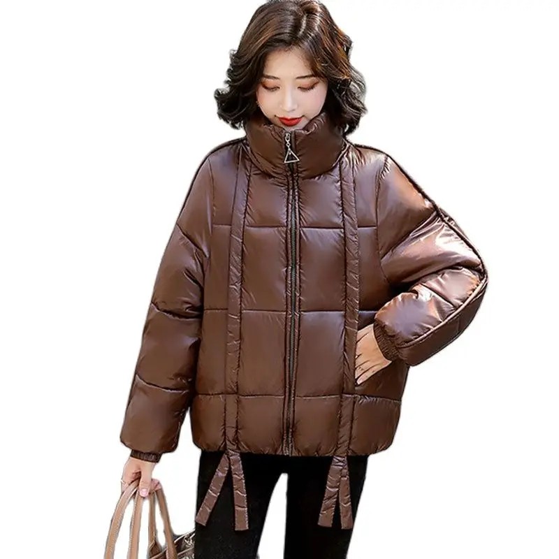 

Loose Winter Women Snow Clothing PU Leather Fashion Temperament Warm Jacket Women Korean Style Stand Collar Elegant Woman Top