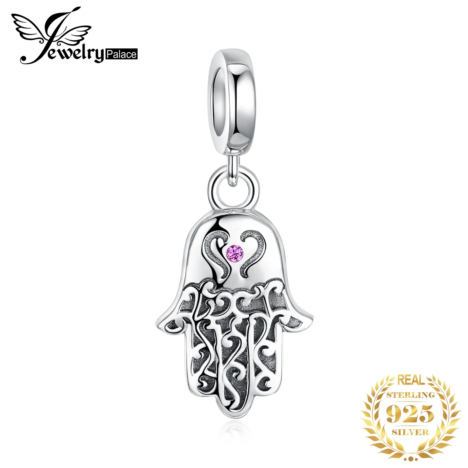 JewelryPalace розовый кубического циркония 925 пробы серебро Фатима рука Подвеска круглая Fit браслеты модные DIY бисера Шарм