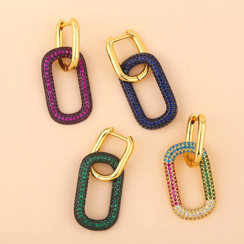 Многоцветные прямоугольные серьги кольца Женские Ювелирные изделия с фианитами