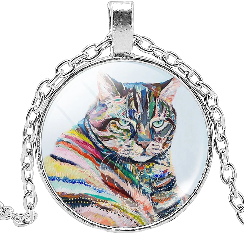 

2019 Hot Fashion Painted Animal Time Crystal Glass Convex Round Pendant Necklace Clothing Sweater Chain Jewelry