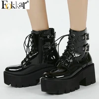 eokkar 2021 goth ankle boots for women platform boots gothic boots lace up patent leather block heel ankle booties winter shoes