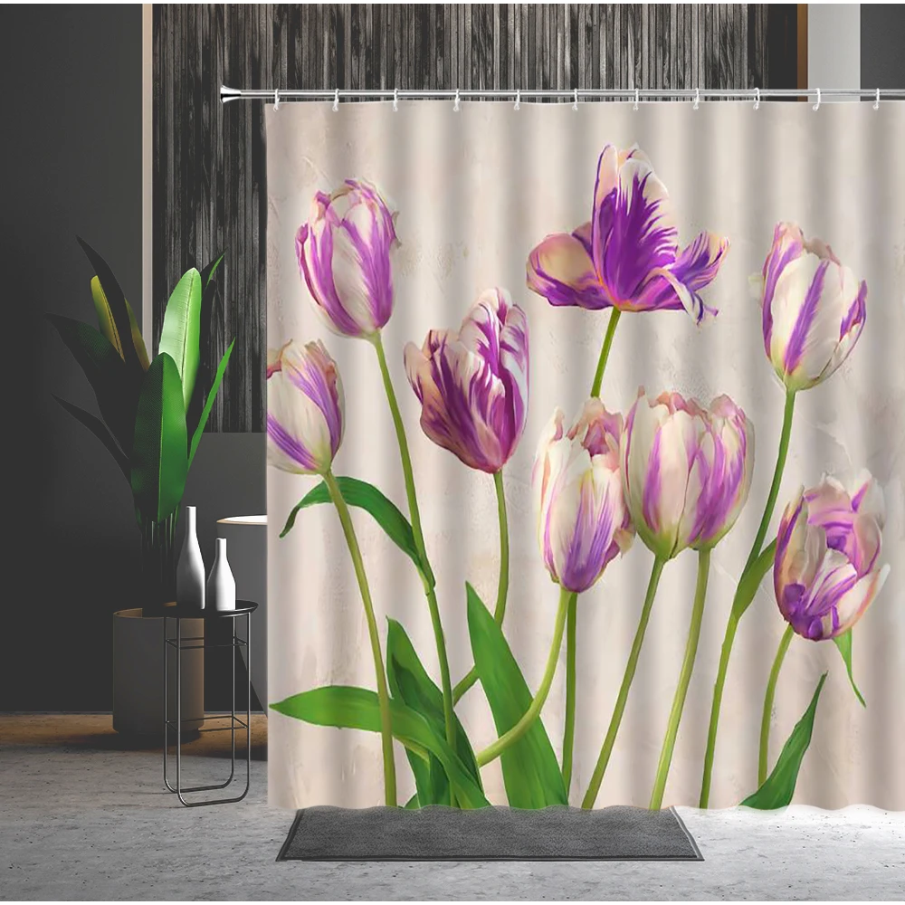 

Waterproof Shower Curtain Purple Flowers Spring Natural Scenery Lavender Machine Washable Bathroom Partition Curtains With Hooks