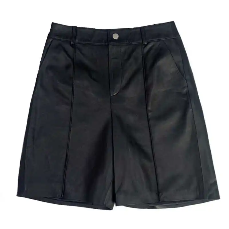 

2021 Spring And Autumn New Sheepskin Leather Shorts Five Loose Slim Wear High Waist Wide Leg Pants Women's Leather Pants