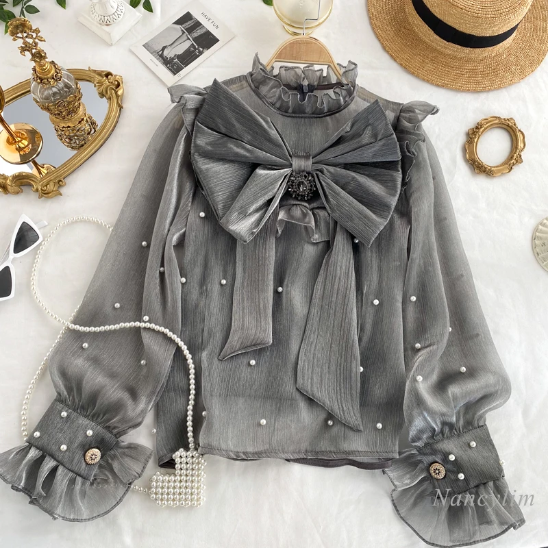 

Temperament Bow Shirt Women's Slim Fit Ruffled Collar Retro Beaded Long Sleeve Blouse 2021 Spring Female Clothing Tops