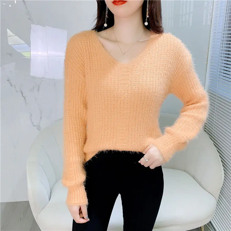 

Sweater Women Pullover Spring and Autumn Elastic Knitted Long Sleeve V-neck Female Top Knitwear Sweater Women