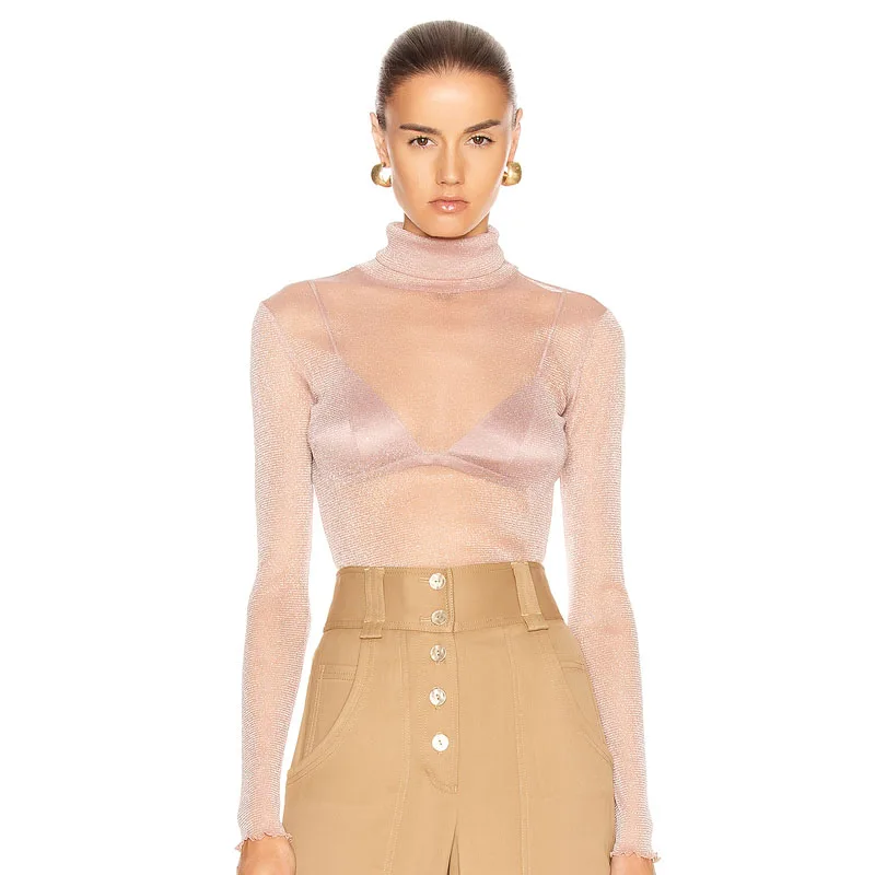 Женская сексуальная прозрачная Водолазка с длинным рукавом сетчатые Прозрачные