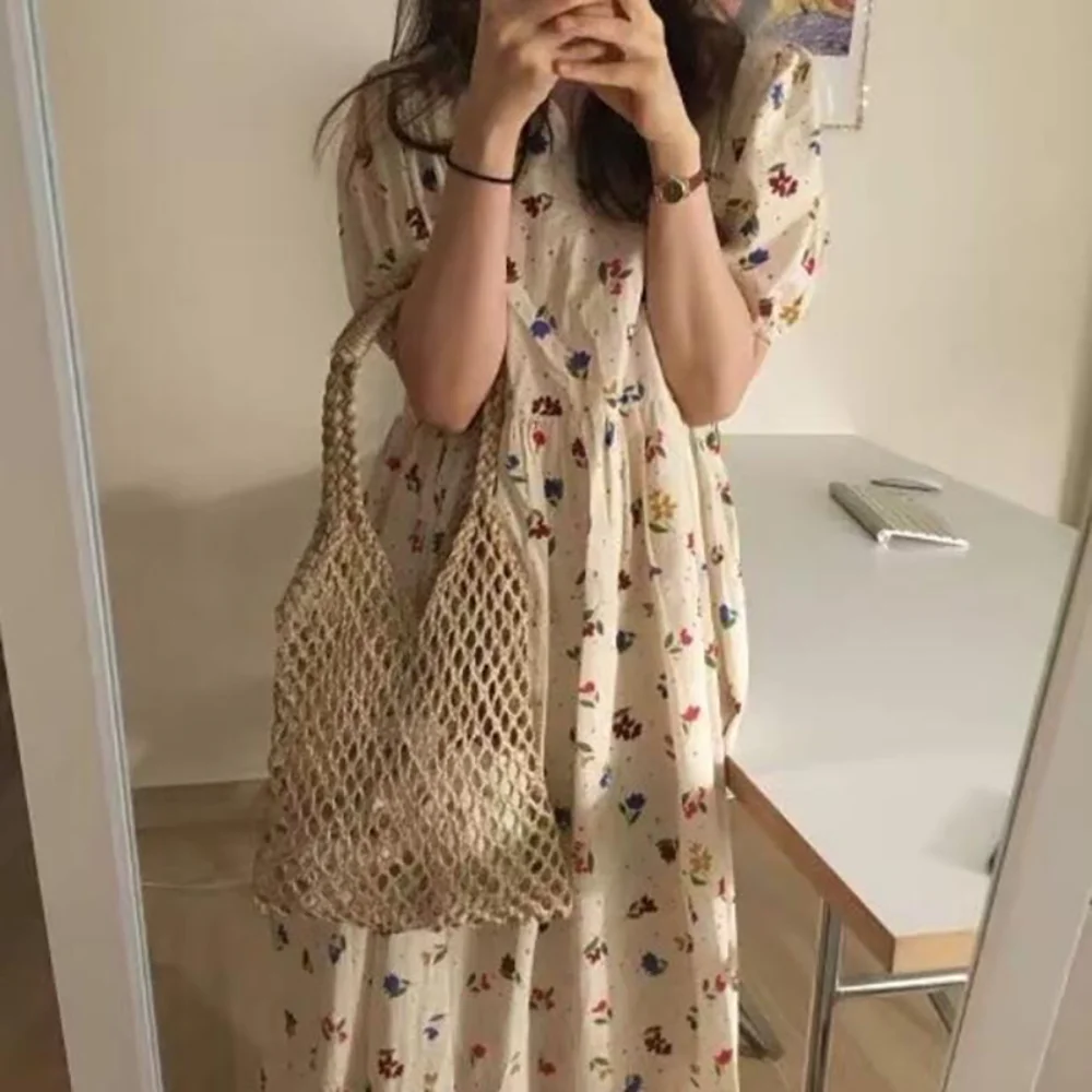 

2021 New Women Summer V Neck Long Floral Dress High Waist Puff Sleeve Pullover Maxi Sundress Basic Casual Women's Dresses