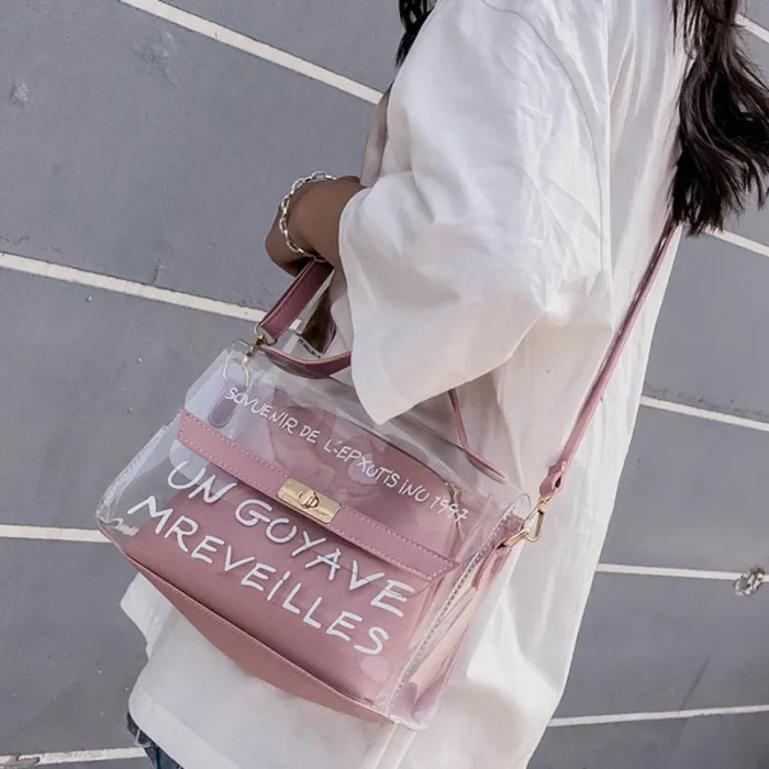 Women Composite Bags PVC Transparent Handbag Letters Printed PU Leather Purse Shoulder Bag-OPK
