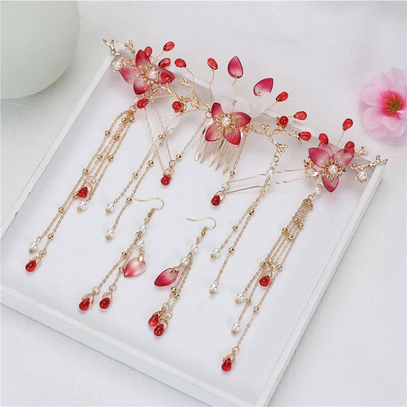 

Red headdress Hanfu antique headdress walking hair accessories Hanfu accessories colored glaze hairpin